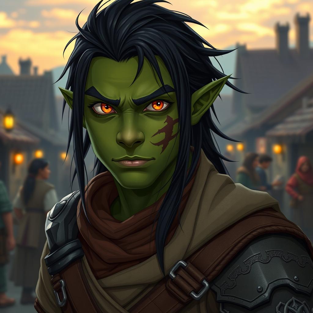 A 20-year-old green-skinned half-orc with long black hair and captivating orange eyes, proudly displaying a scar across his cheek from previous battles