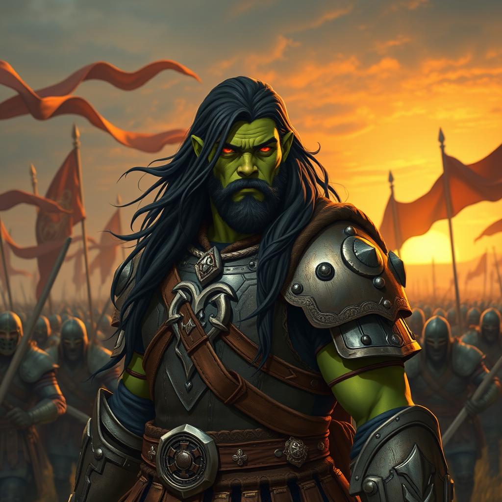 A 25-year-old green-skinned half-orc warrior with long, flowing black hair and vivid orange eyes, leading an army of resilient half-orc soldiers