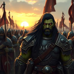 A 25-year-old green-skinned half-orc warrior with long, flowing black hair and vivid orange eyes, leading an army of resilient half-orc soldiers