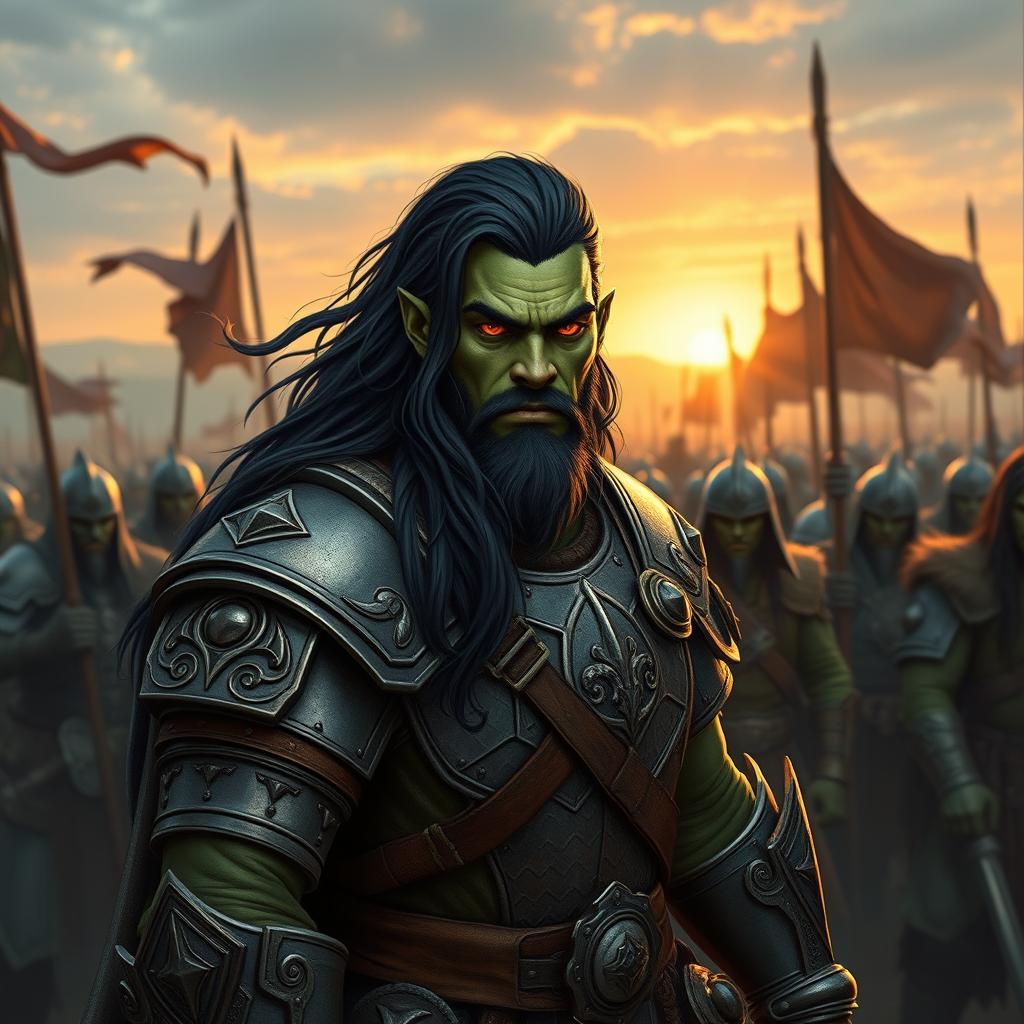 A 25-year-old green-skinned half-orc warrior with long, flowing black hair and vivid orange eyes, leading an army of resilient half-orc soldiers