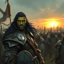 A 25-year-old green-skinned half-orc warrior with long, flowing black hair and vivid orange eyes, leading an army of resilient half-orc soldiers