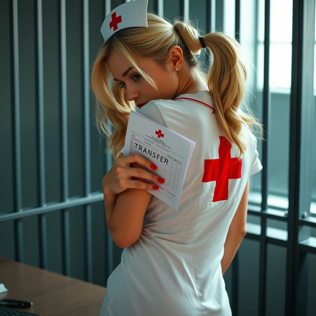 An extreme close-up of a gorgeous nurse with blonde pigtails, wearing a short white dress with a red cross emblem