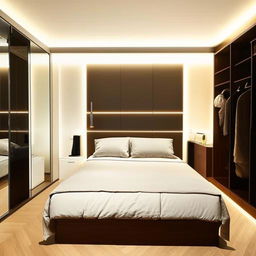 A bedroom displaying ambient decor lights surrounding a 6x6 bed, an elegant wardrobe to the side, a mirror accompanied by a TV console.