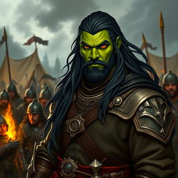 A 25-year-old green-skinned half-orc warrior with long, flowing black hair and striking orange eyes, prominently featured in a military setting