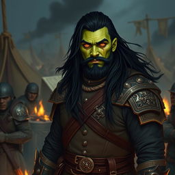 A 25-year-old green-skinned half-orc warrior with long, flowing black hair and striking orange eyes, prominently featured in a military setting