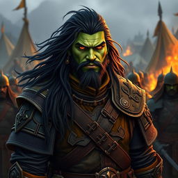 A 25-year-old green-skinned half-orc warrior with long, flowing black hair and striking orange eyes, prominently featured in a military setting