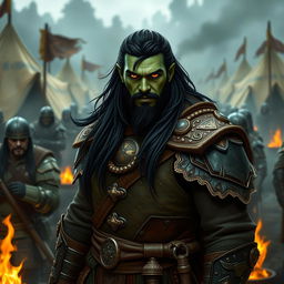 A 25-year-old green-skinned half-orc warrior with long, flowing black hair and striking orange eyes, prominently featured in a military setting