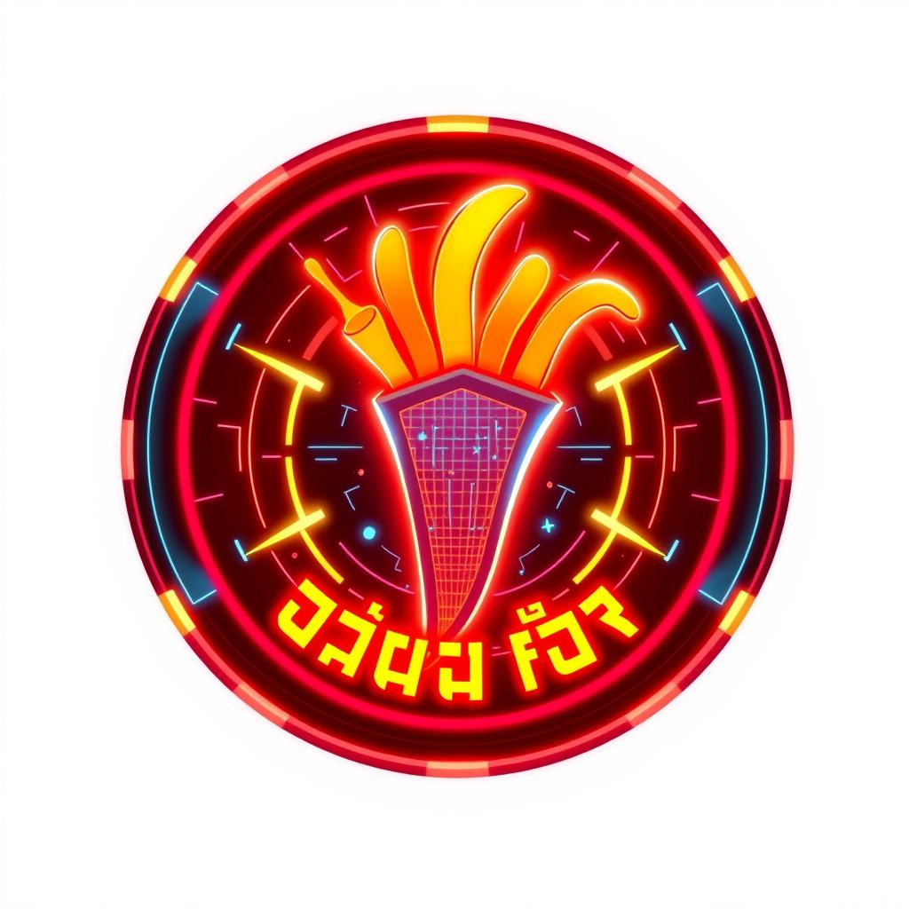 A circular logo design featuring the spicy fry known as စပ်စပ်လေး ငရုတ်သီးကြော်, with a techno theme