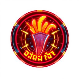 A circular logo design featuring the spicy fry known as စပ်စပ်လေး ငရုတ်သီးကြော်, with a techno theme