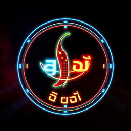 A circular logo design featuring the spicy fry known as စပ်စပ်လေး ငရုတ်သီးကြော်, with a techno theme