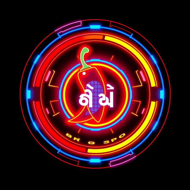 A circular logo design featuring the spicy fry known as စပ်စပ်လေး ငရုတ်သီးကြော်, with a techno theme