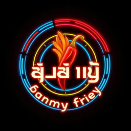 A circular logo design featuring the spicy fry known as စပ်စပ်လေး ငရုတ်သီးကြော်, with a techno theme