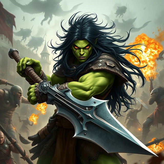 A 20-year-old green-skinned half-orc warrior with long, flowing black hair and intense orange eyes, depicted amidst an epic battlefield scene