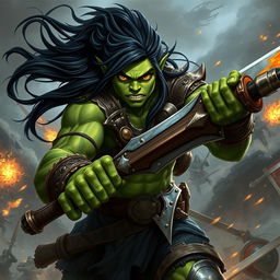 A 20-year-old green-skinned half-orc warrior with long, flowing black hair and intense orange eyes, depicted amidst an epic battlefield scene