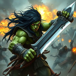 A 20-year-old green-skinned half-orc warrior with long, flowing black hair and intense orange eyes, depicted amidst an epic battlefield scene