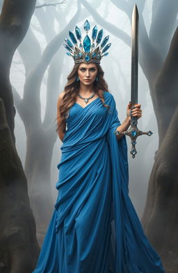 The Goddess of Swords, a commanding and enchanting figure, stands amidst a mystical setting, exuding confidence and grace