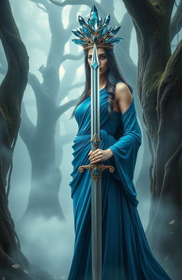 The Goddess of Swords, a commanding and enchanting figure, stands amidst a mystical setting, exuding confidence and grace