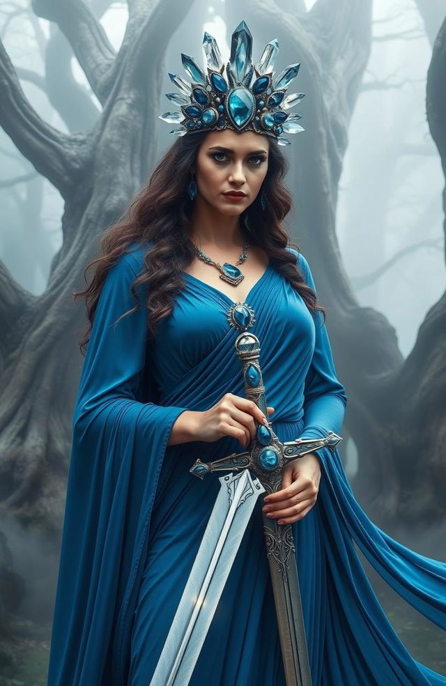 The Goddess of Swords, a commanding and enchanting figure, stands amidst a mystical setting, exuding confidence and grace