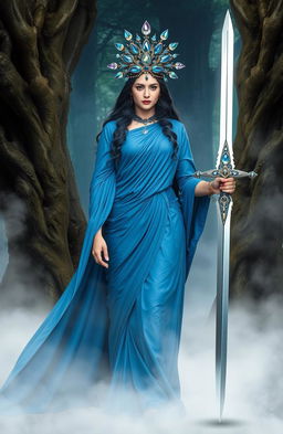 The Goddess of Swords, a commanding and enchanting figure, stands amidst a mystical setting, exuding confidence and grace