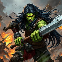 A 20-year-old green-skinned half-orc warrior with long, flowing black hair and intense orange eyes, depicted amidst an epic battlefield scene