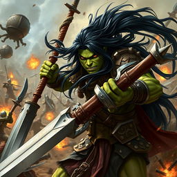 A 20-year-old green-skinned half-orc warrior with long, flowing black hair and intense orange eyes, depicted amidst an epic battlefield scene