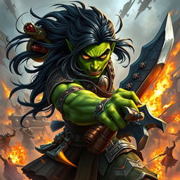 A 20-year-old green-skinned half-orc warrior with long, flowing black hair and intense orange eyes, depicted amidst an epic battlefield scene