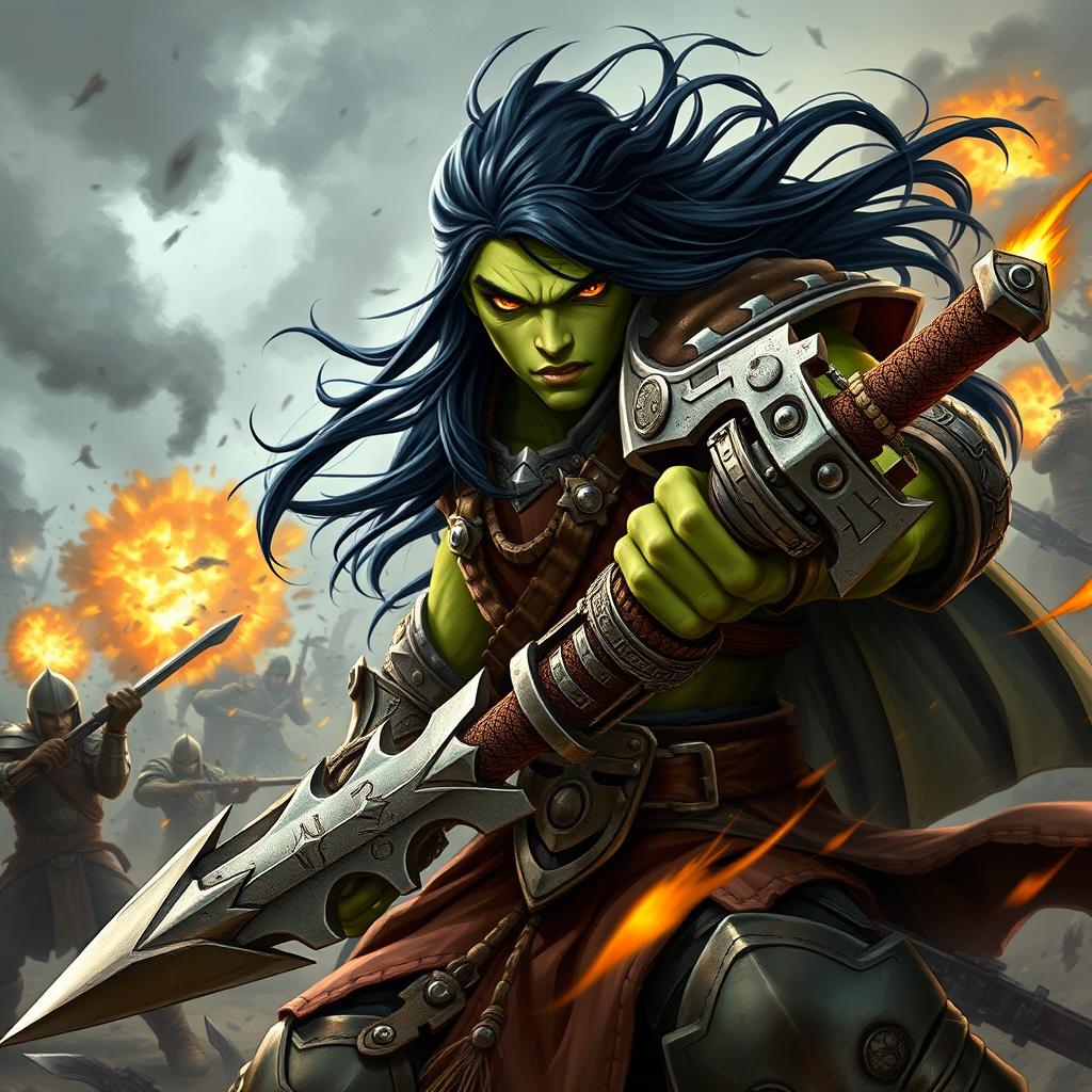 A 20-year-old green-skinned half-orc warrior with long, flowing black hair and intense orange eyes, depicted amidst an epic battlefield scene