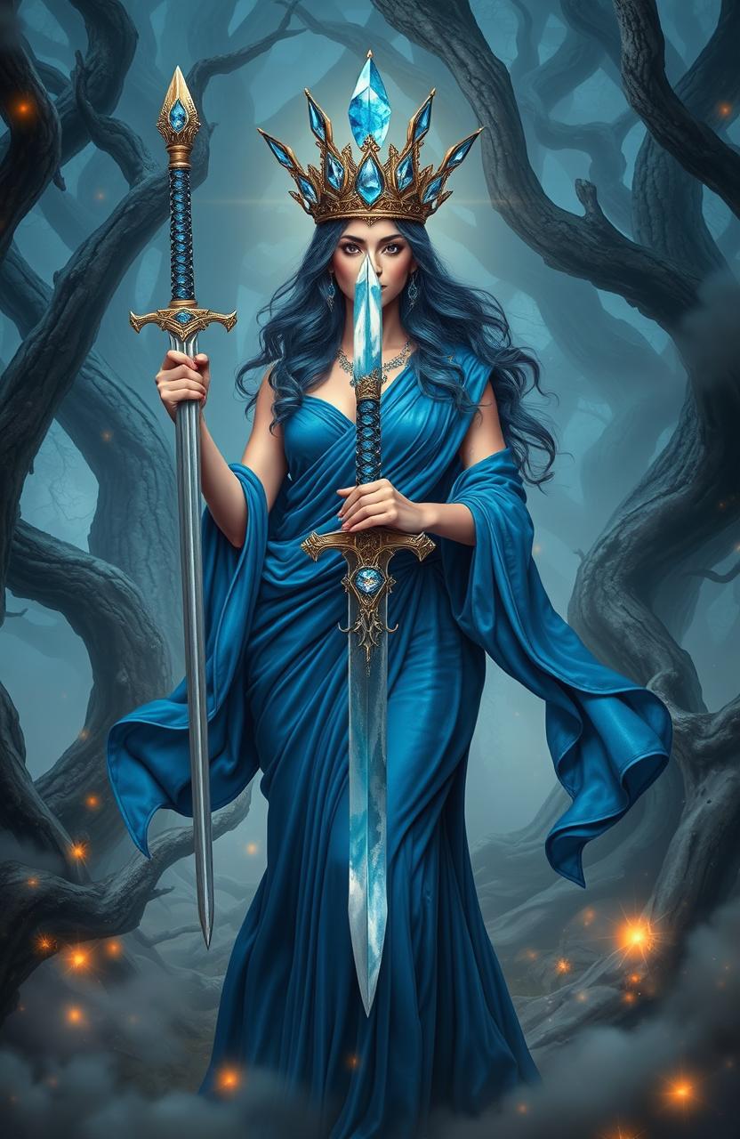 The Goddess of Swords stands regally, embodying both grace and power