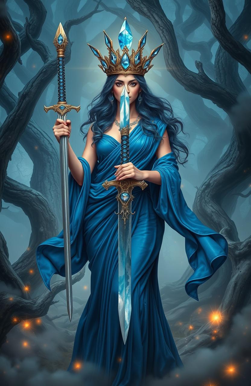 The Goddess of Swords stands regally, embodying both grace and power