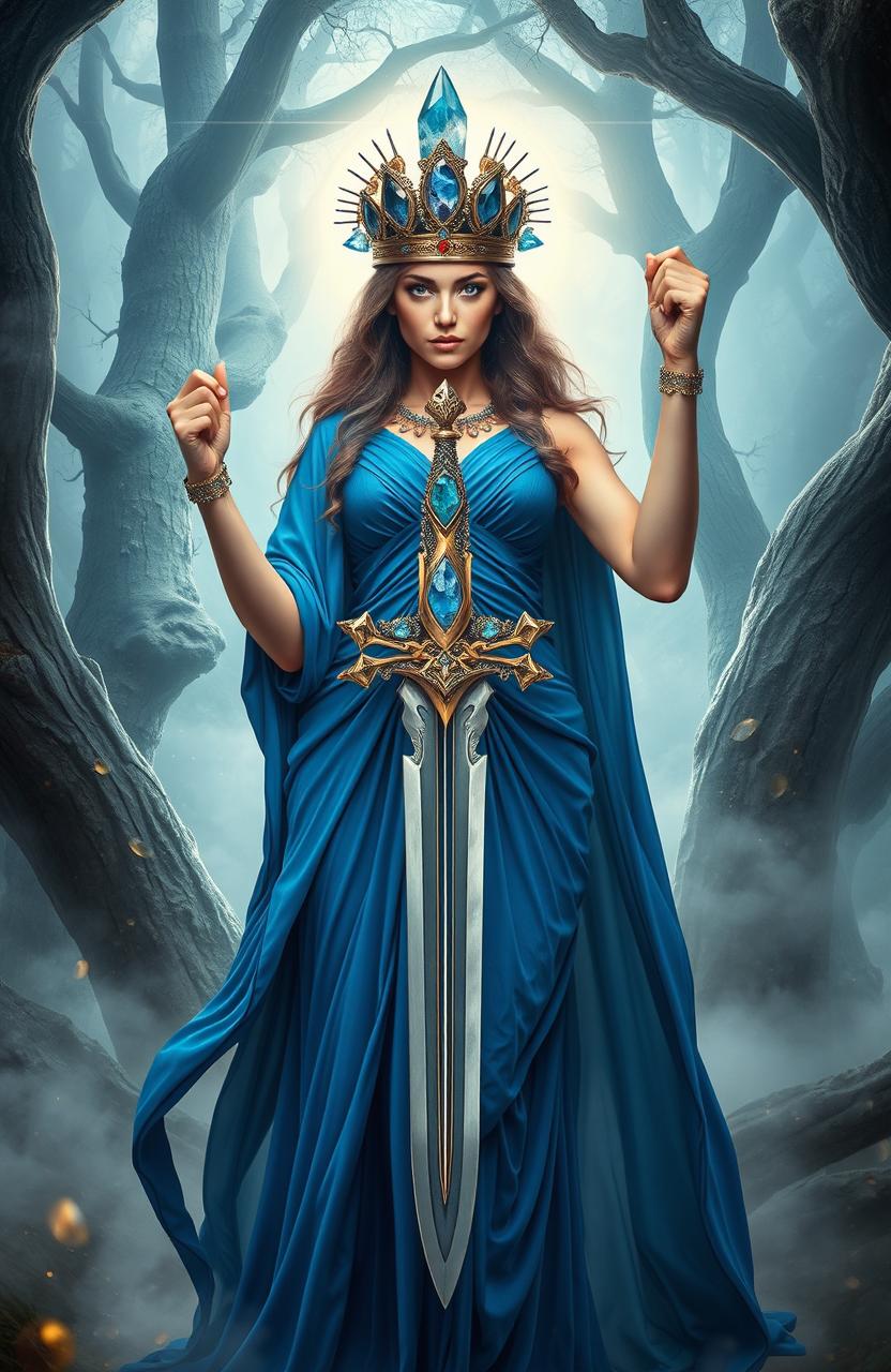 The Goddess of Swords stands regally, embodying both grace and power