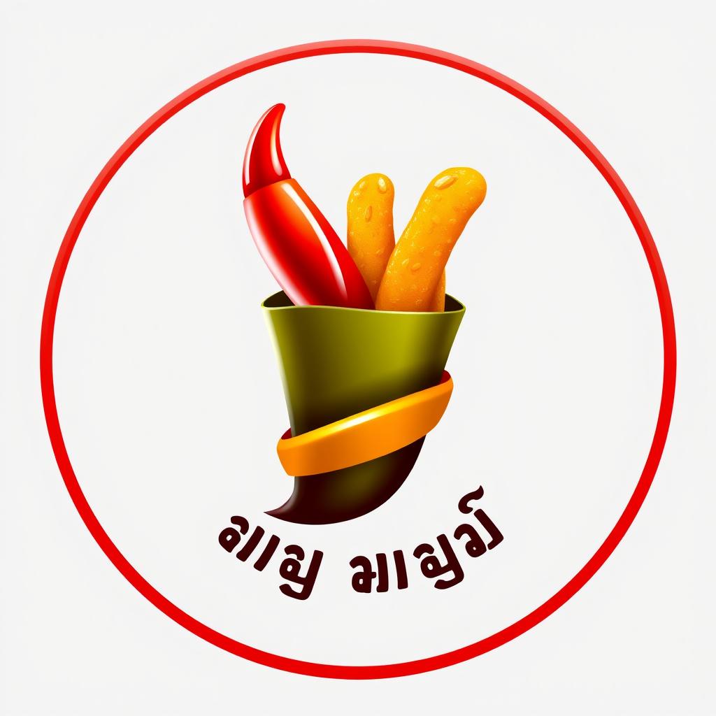 A circular logo design featuring the spicy fry known as စပ်စပ်လေး ငရုတ်သီးကြော်, in a 3D theme