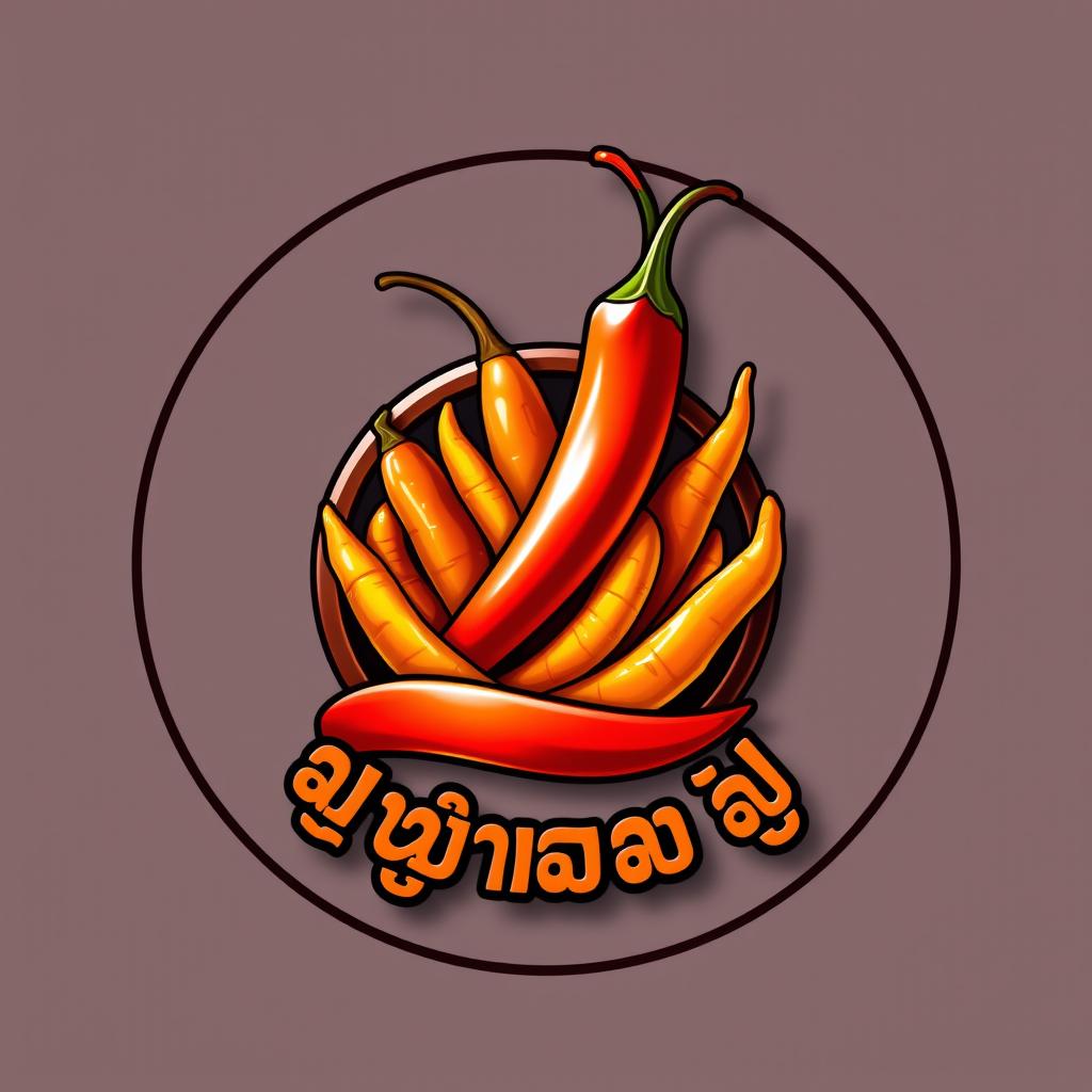 A circular logo design featuring the spicy fry known as စပ်စပ်လေး ငရုတ်သီးကြော်, in a 3D theme