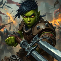 A 20-year-old green-skinned half-orc warrior with short, rugged black hair and intense orange eyes, depicted in the midst of an epic battlefield scene