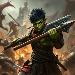 A 20-year-old green-skinned half-orc warrior with short, rugged black hair and intense orange eyes, depicted in the midst of an epic battlefield scene