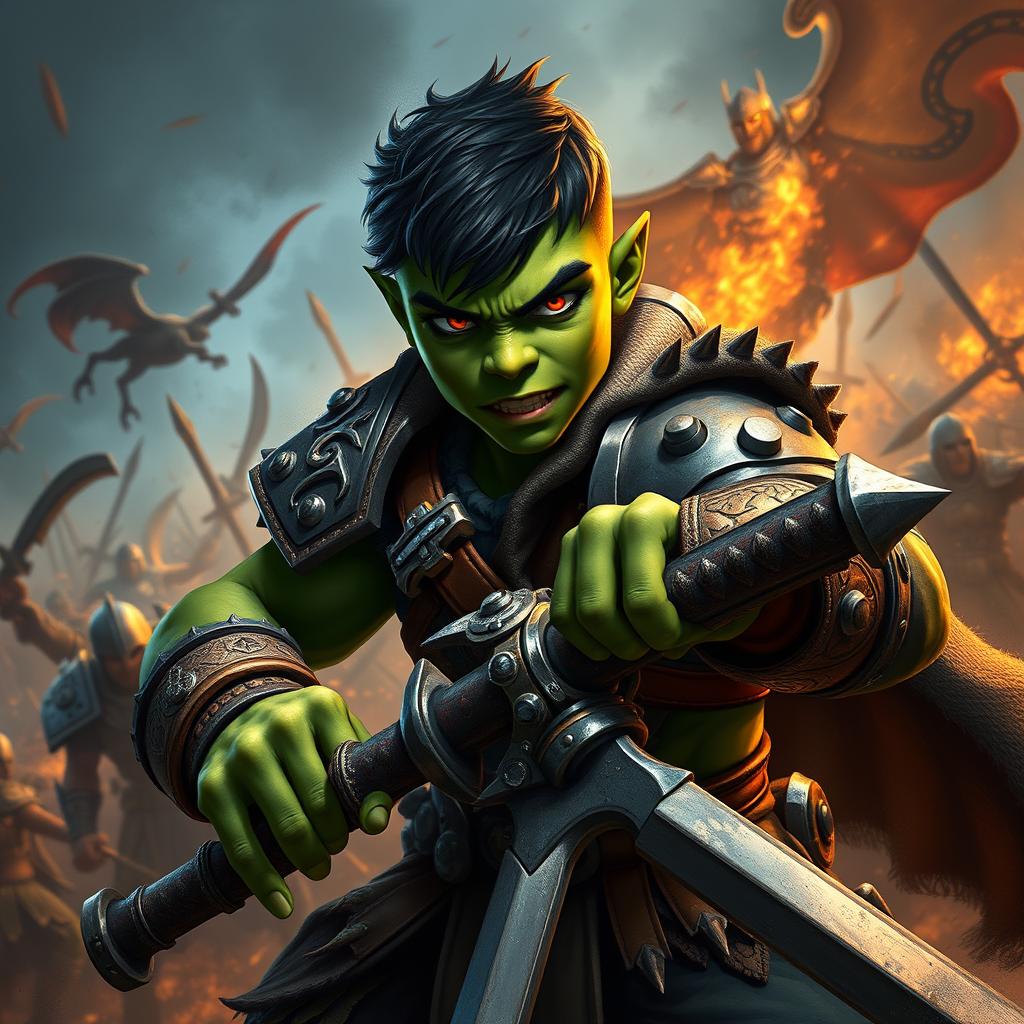 A 20-year-old green-skinned half-orc warrior with short, rugged black hair and intense orange eyes, depicted in the midst of an epic battlefield scene