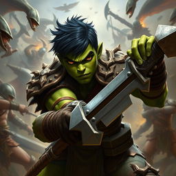 A 20-year-old green-skinned half-orc warrior with short, rugged black hair and intense orange eyes, depicted in the midst of an epic battlefield scene