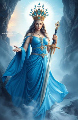 The Goddess of Swords stands proudly in an ethereal and mystical realm, radiating strength and elegance