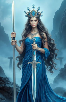 The Goddess of Swords stands proudly in an ethereal and mystical realm, radiating strength and elegance