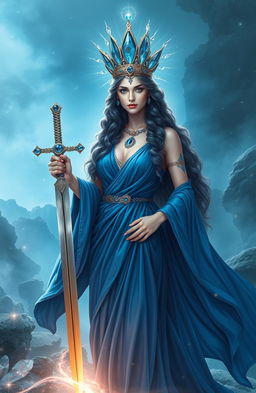 The Goddess of Swords stands proudly in an ethereal and mystical realm, radiating strength and elegance