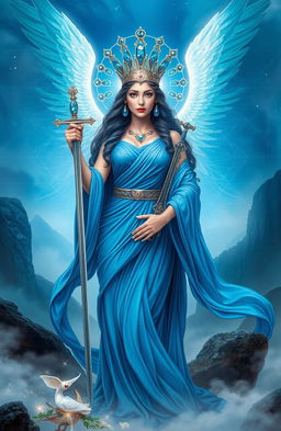 The Goddess of Swords stands proudly in an ethereal and mystical realm, radiating strength and elegance