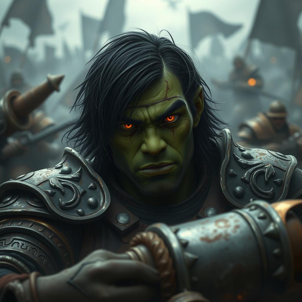 A 20-year-old green-skinned half-orc facing his tragic demise, featuring medium-length black hair and intense orange eyes filled with defiance and resilience