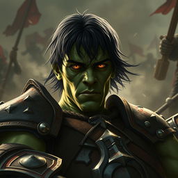 A 20-year-old green-skinned half-orc facing his tragic demise, featuring medium-length black hair and intense orange eyes filled with defiance and resilience