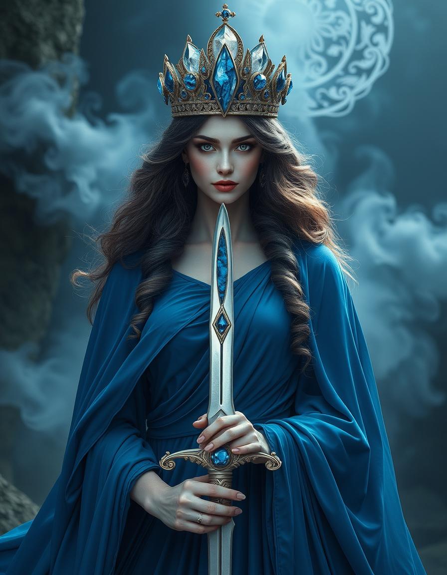 The Goddess of Swords, an epitome of elegance and mystery, stands in a mystical realm, exuding a powerful yet serene presence