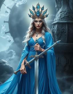 The Goddess of Swords, an epitome of elegance and mystery, stands in a mystical realm, exuding a powerful yet serene presence