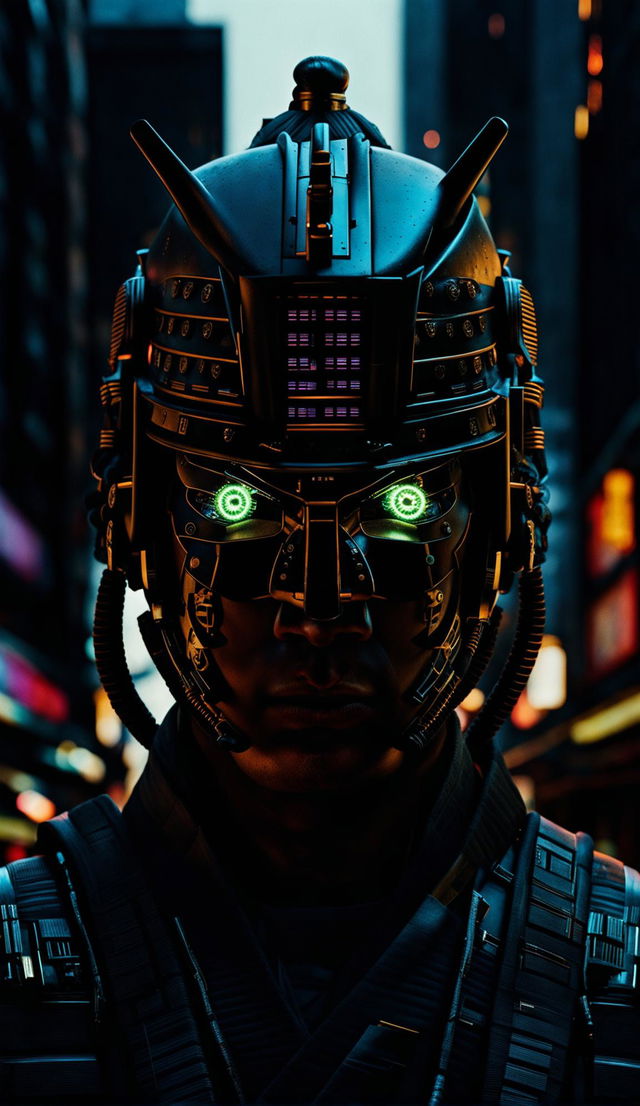 Futuristic cyber samurai in low light, front head view with symmetrical facial features, photographed in a cinematic style reminiscent of James Nachtwey.