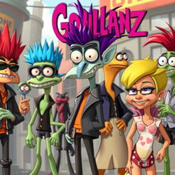 Cartoon-style characters in the Gorillaz art style, featuring an eclectic group of vibrant, exaggerated figures