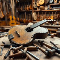 A broken Venezuelan cuatro resting in a luthier's workshop