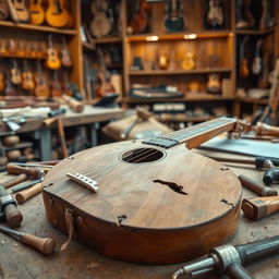 A broken Venezuelan cuatro resting in a luthier's workshop