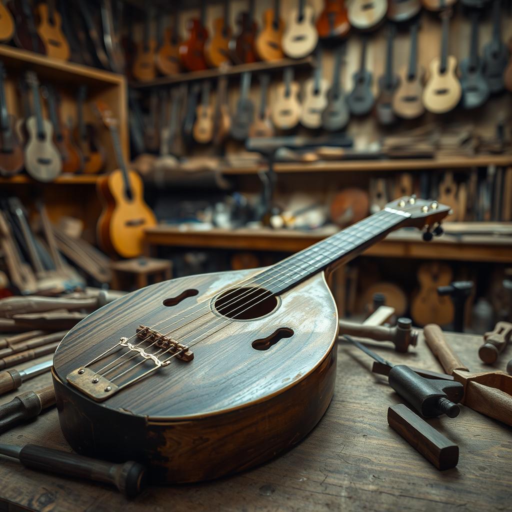 A broken Venezuelan cuatro resting in a luthier's workshop