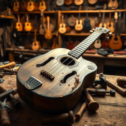 A broken Venezuelan cuatro resting in a luthier's workshop